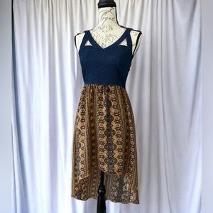 Blue denim top print bottom high-low dress by Event, juniors medium small EUC